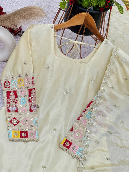 Reception Wear Cream Color Heavy Chinon Silk With Heavy Embroidery Sequence Work Sharara Suit