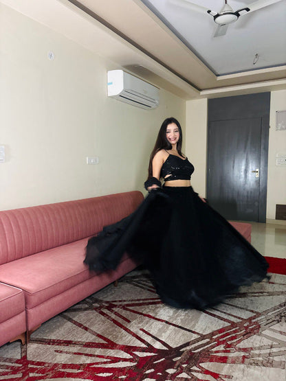 Party Wear Black Color Soft Georgette Sequence Lehenga Choli