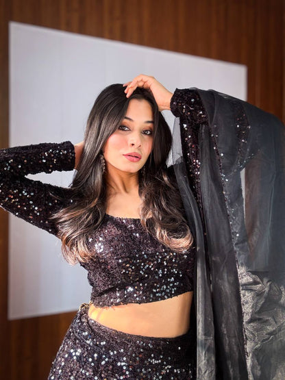 Party Wear Black Color Sequine Work Lehenga Choli