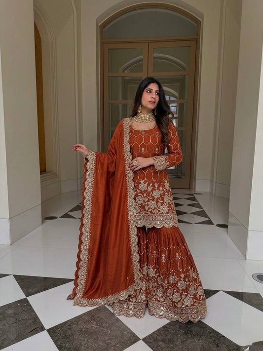 Yankita Kapoor Wear Orange Color Silk Mirror Handwork Sharara Suit