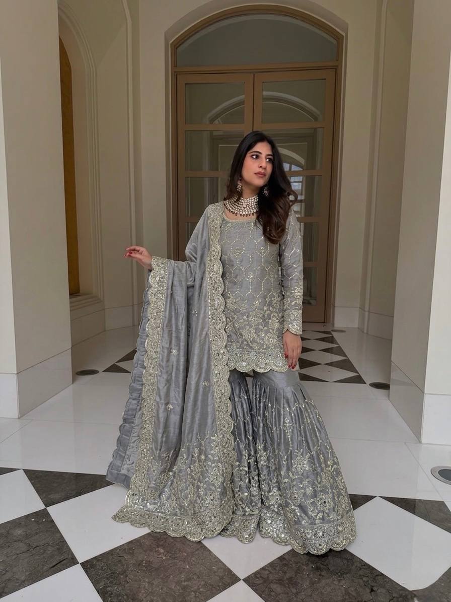 Yankita Kapoor Wear Grey Color Silk Mirror Handwork Sharara Suit