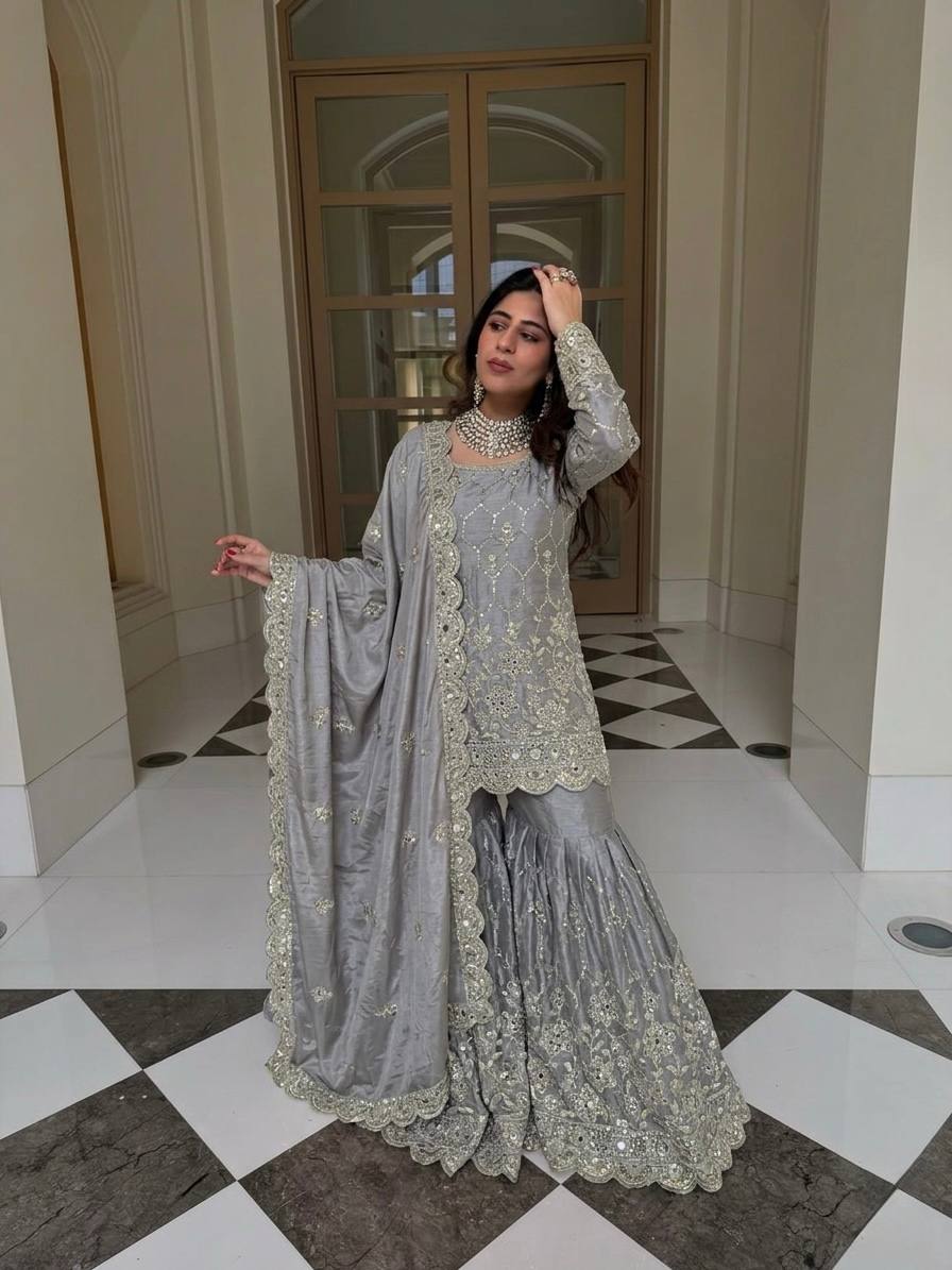 Yankita Kapoor Wear Grey Color Silk Mirror Handwork Sharara Suit