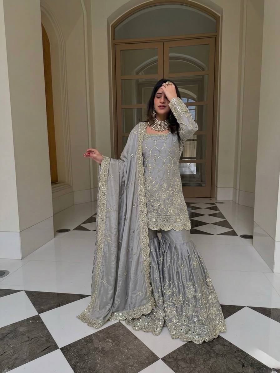 Yankita Kapoor Wear Grey Color Silk Mirror Handwork Sharara Suit