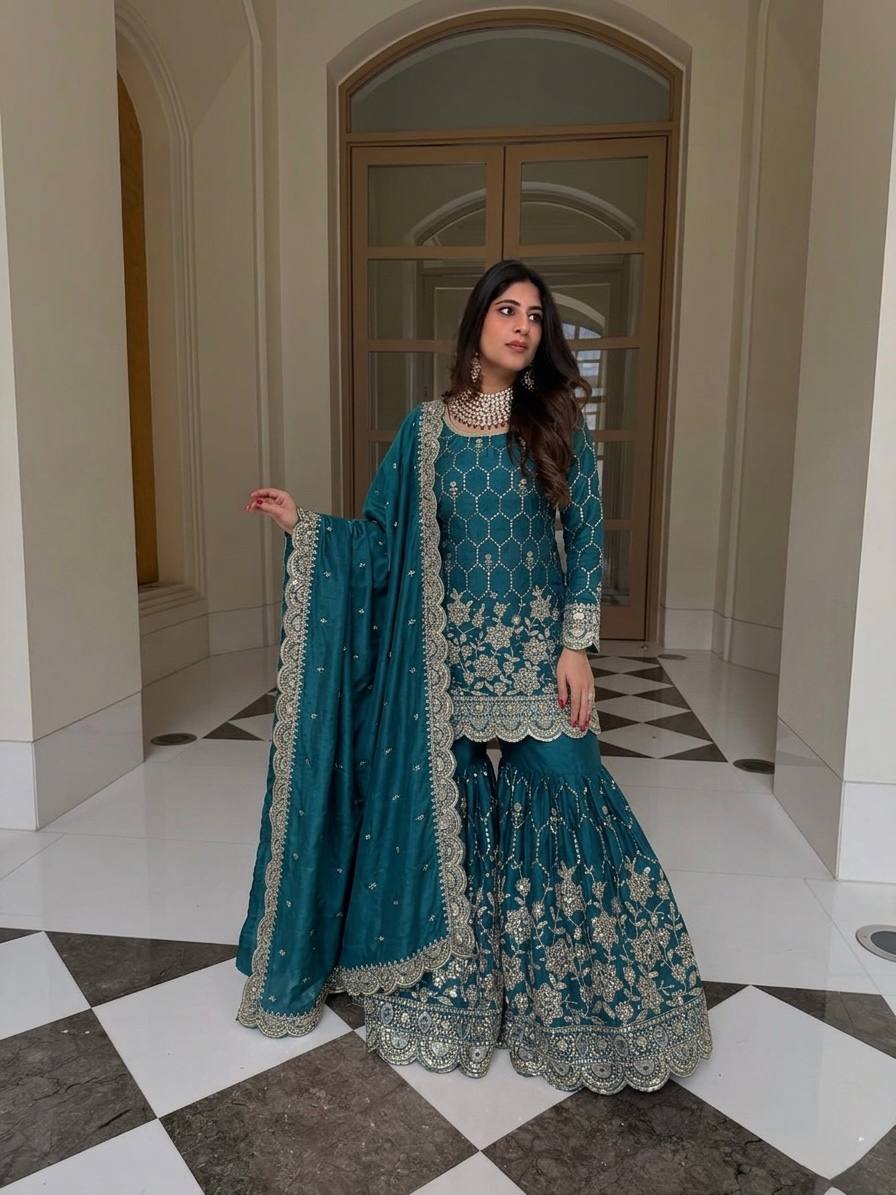 Yankita Kapoor Wear Teal Blue Color Silk Mirror Handwork Sharara Suit