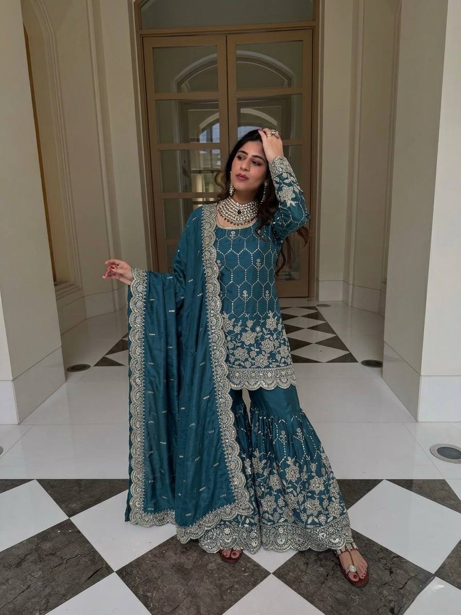 Yankita Kapoor Wear Teal Blue Color Silk Mirror Handwork Sharara Suit