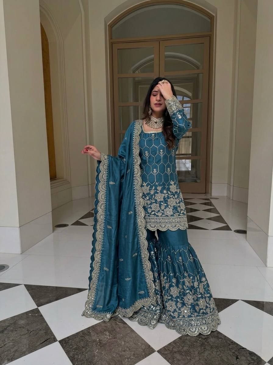 Yankita Kapoor Wear Teal Blue Color Silk Mirror Handwork Sharara Suit