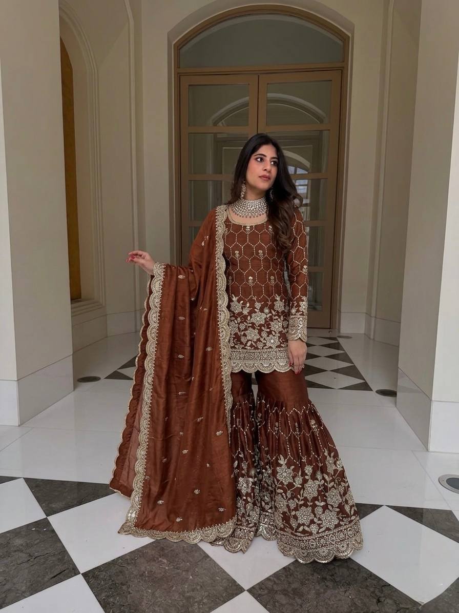 Yankita Kapoor Wear Coffee Color Silk Mirror Handwork Sharara Suit