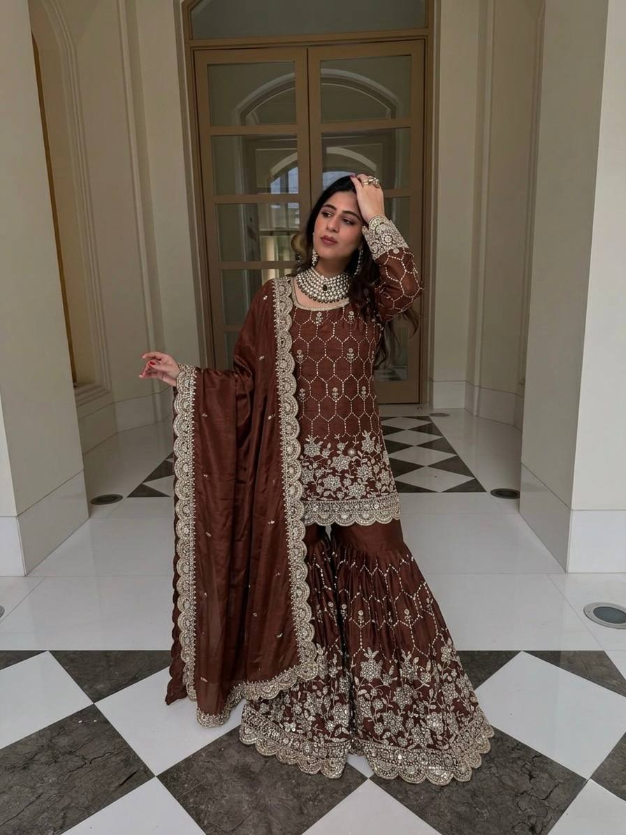 Yankita Kapoor Wear Coffee Color Silk Mirror Handwork Sharara Suit