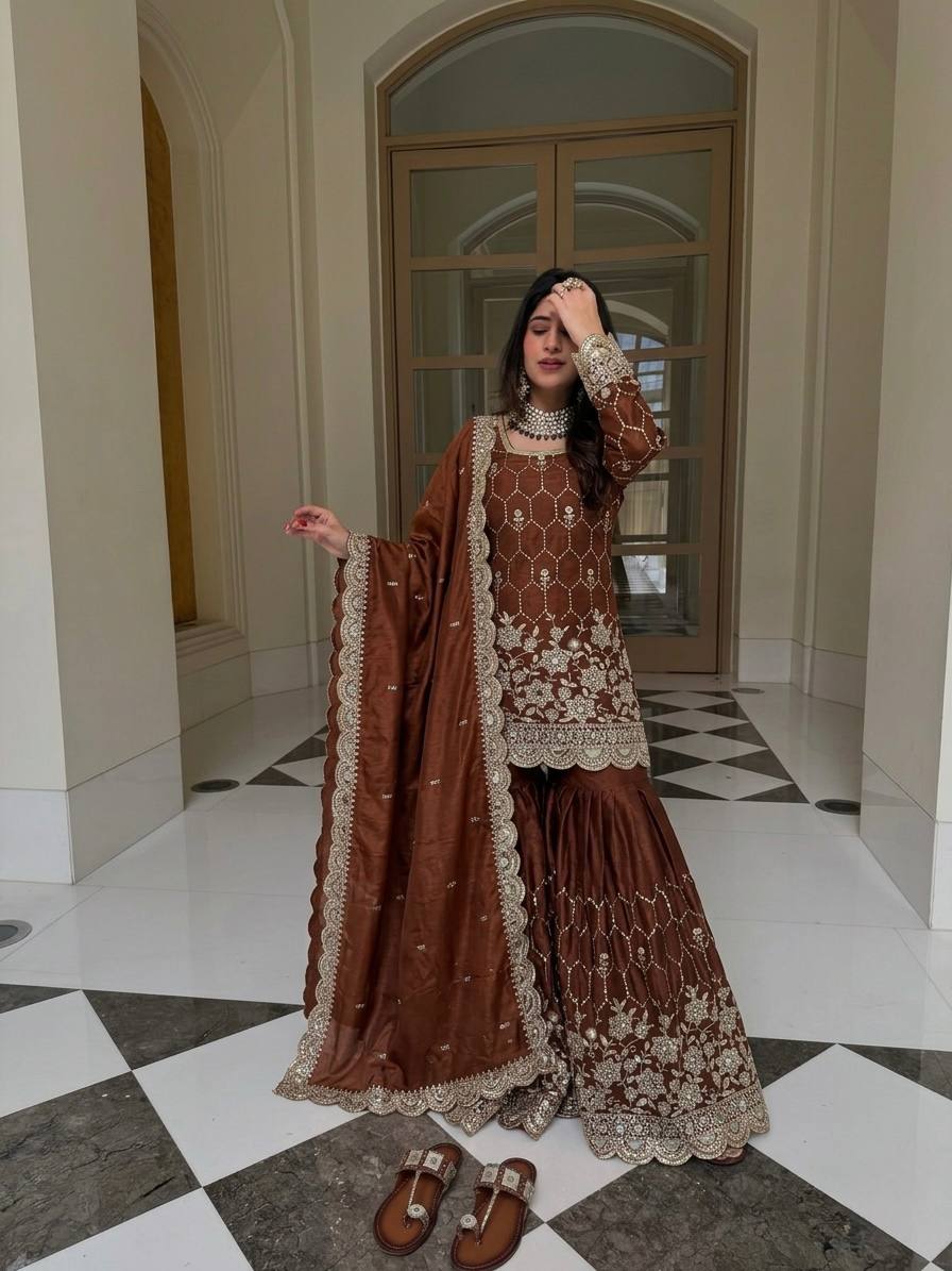Yankita Kapoor Wear Coffee Color Silk Mirror Handwork Sharara Suit