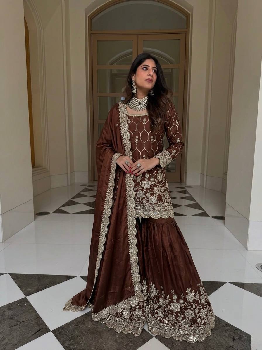 Yankita Kapoor Wear Coffee Color Silk Mirror Handwork Sharara Suit
