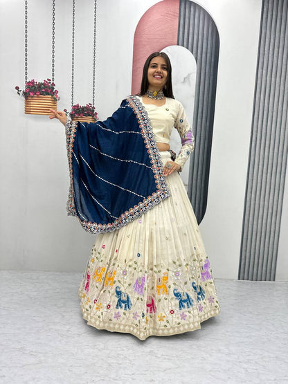 Alluring Blue Color Pure Tissue Silk With Heavy Thread And Sequence Work Designer Lehenga Choli