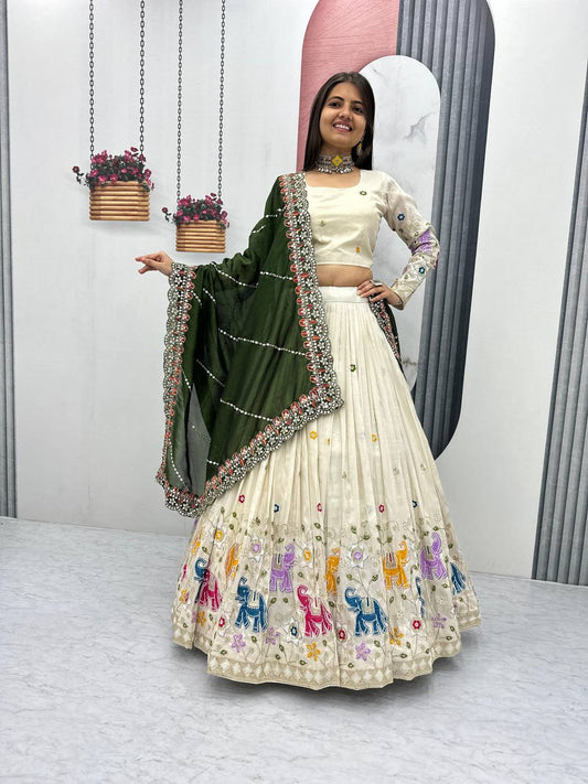 Exclusive Green Color Pure Tissue Silk With Heavy Thread And Sequence Work Designer Lehenga Choli