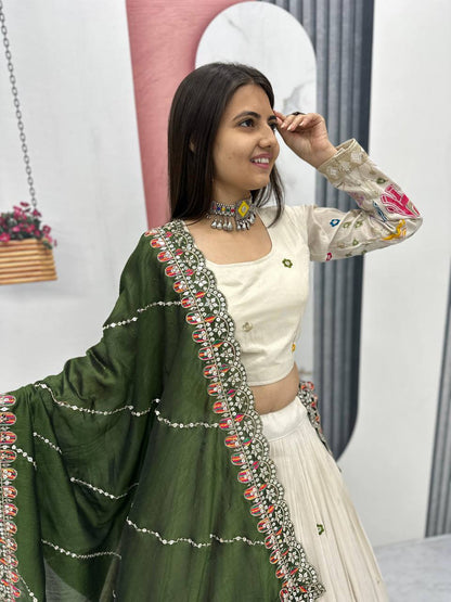 Exclusive Green Color Pure Tissue Silk With Heavy Thread And Sequence Work Designer Lehenga Choli