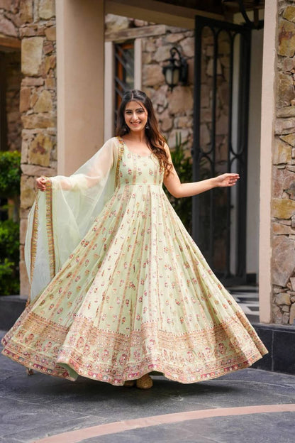 Designer Pista Color Embroidered Anarkali Gown with Pants & Dupatta