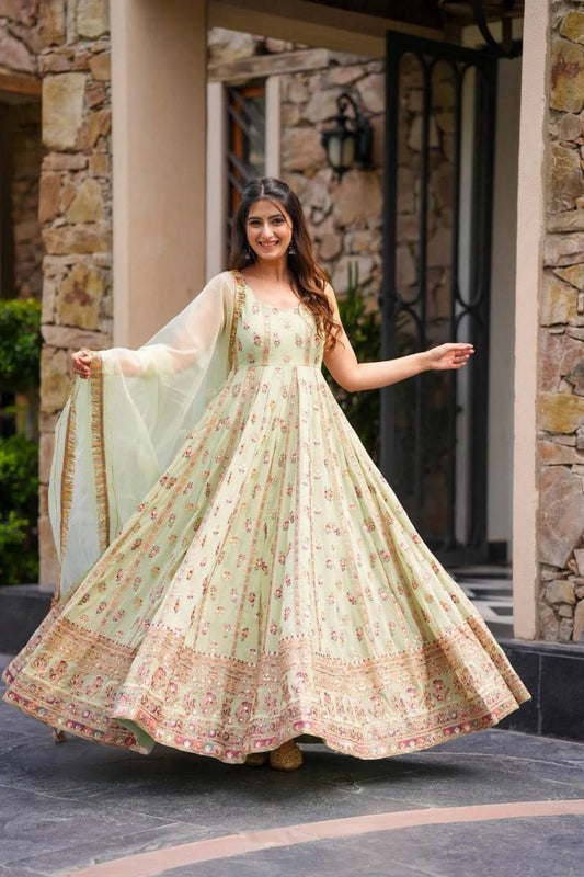 Designer Pista Color Embroidered Anarkali Gown with Pants & Dupatta