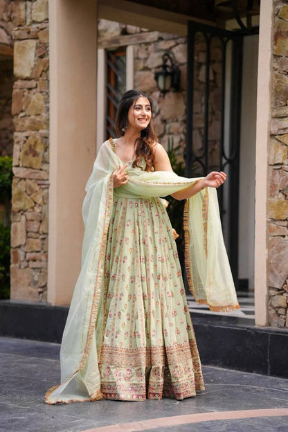 Designer Pista Color Embroidered Anarkali Gown with Pants & Dupatta