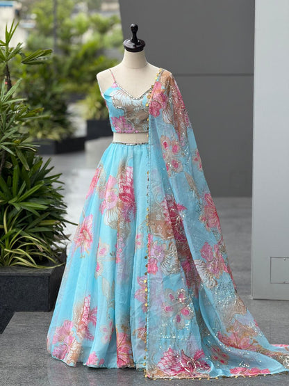 Party Wear Sky Blue Color Organza Real Mirror Work Lehenga Set