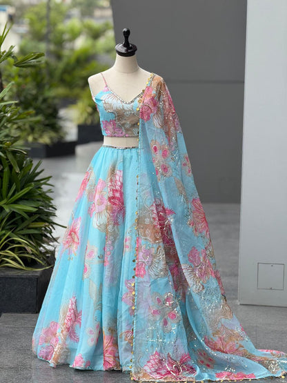 Party Wear Sky Blue Color Organza Real Mirror Work Lehenga Set