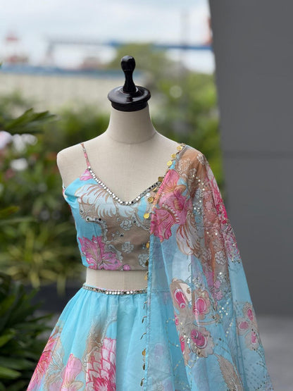 Party Wear Sky Blue Color Organza Real Mirror Work Lehenga Set