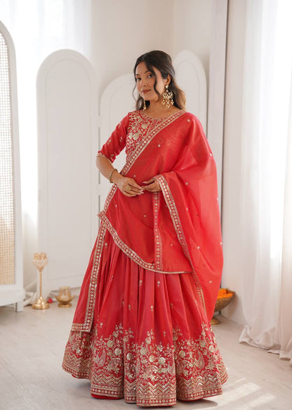 Wedding Wear Orange Color Simmer Silk Lehenga Set