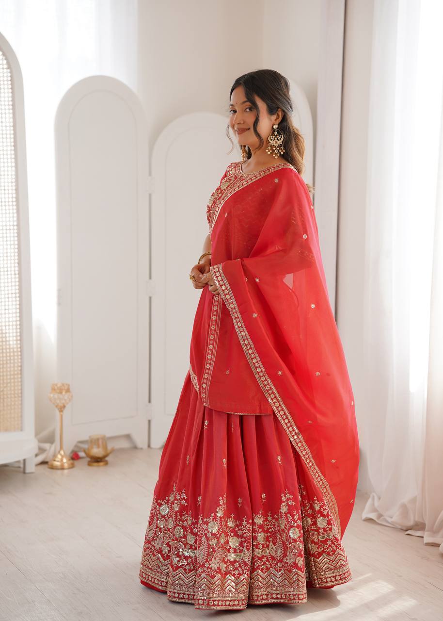 Wedding Wear Orange Color Simmer Silk Lehenga Set