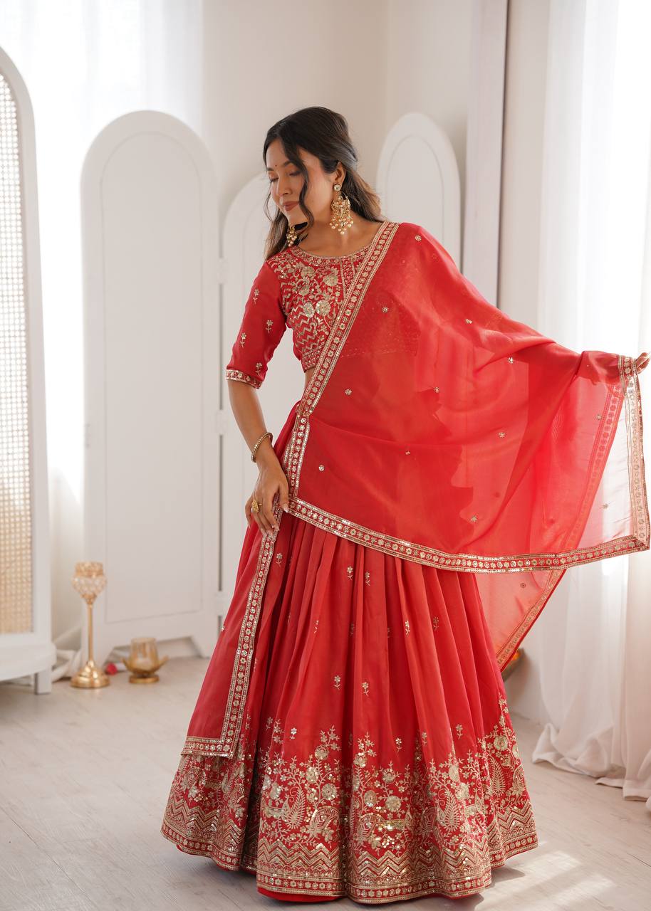 Wedding Wear Orange Color Simmer Silk Lehenga Set