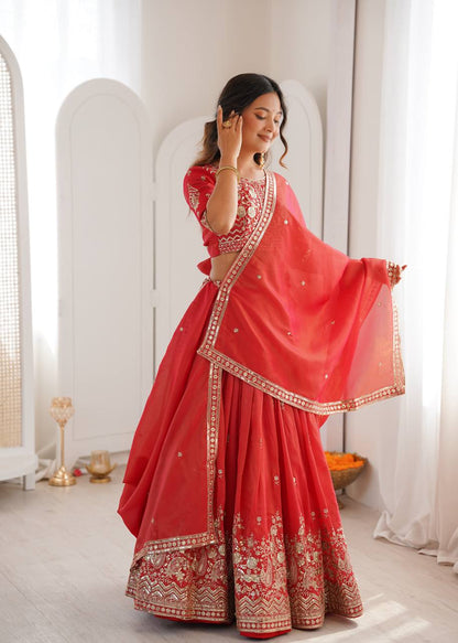 Wedding Wear Orange Color Simmer Silk Lehenga Set