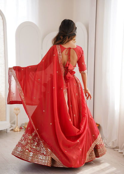 Wedding Wear Orange Color Simmer Silk Lehenga Set