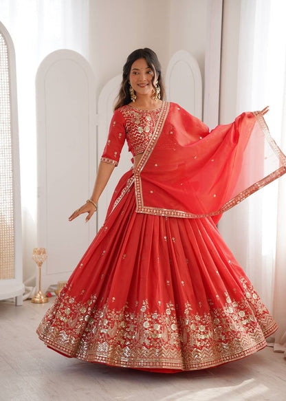 Wedding Wear Orange Color Simmer Silk Lehenga Set