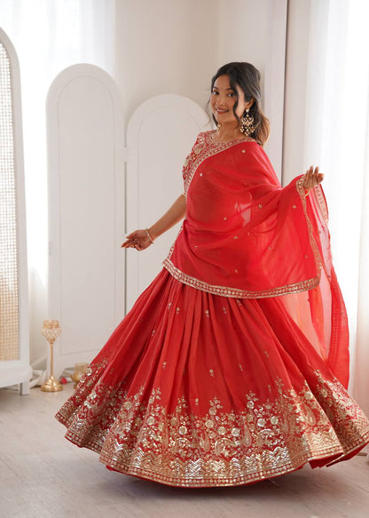 Wedding Wear Orange Color Simmer Silk Lehenga Set