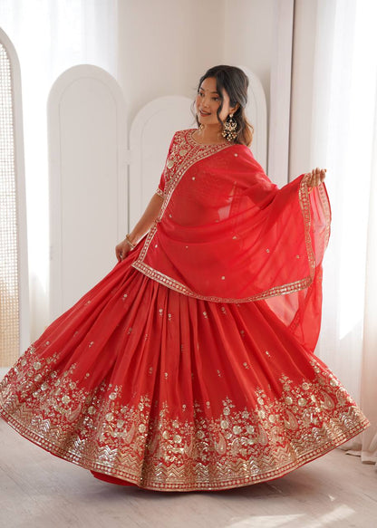 Wedding Wear Orange Color Simmer Silk Lehenga Set