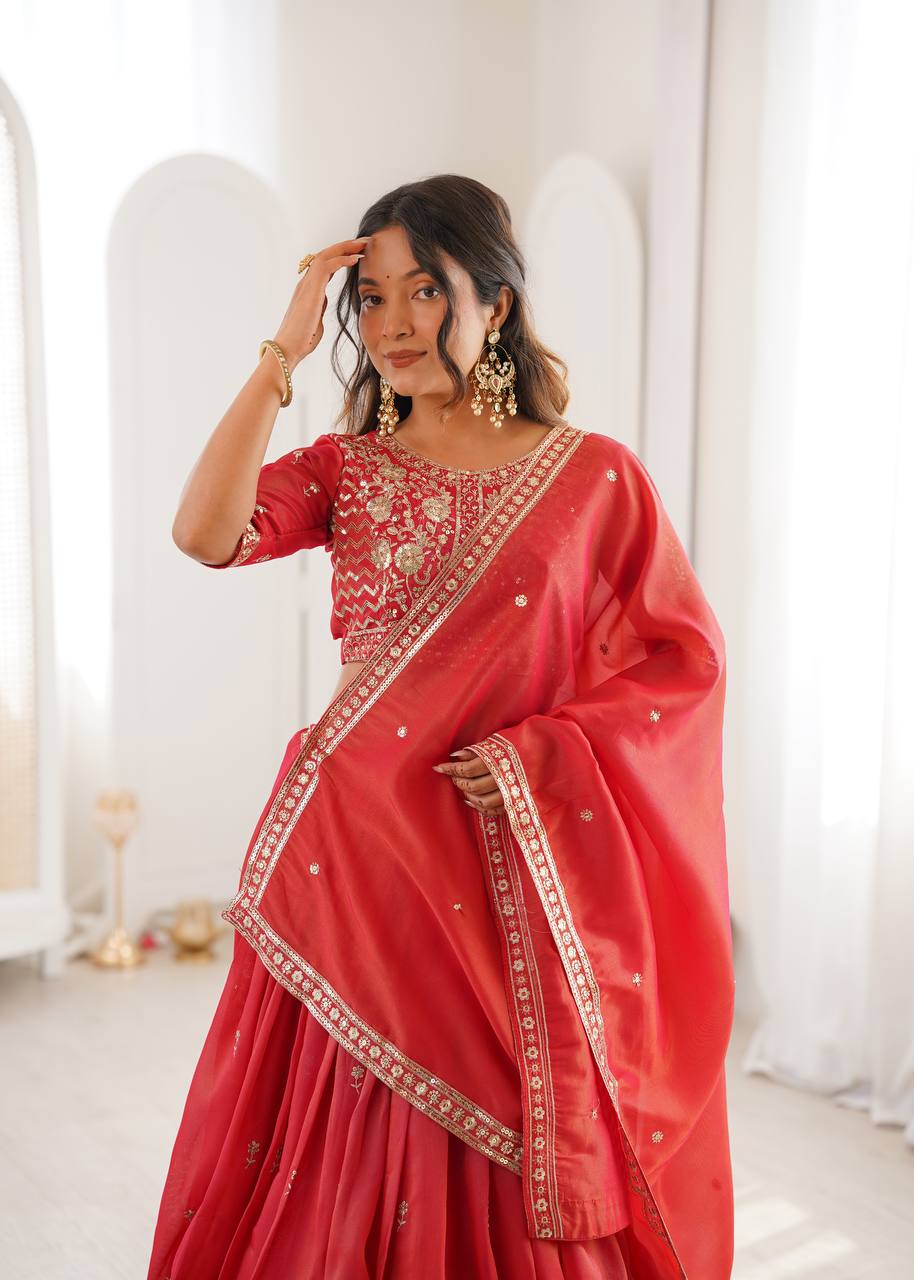 Wedding Wear Orange Color Simmer Silk Lehenga Set