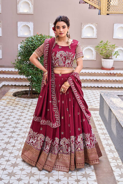 South Style Maroon Color Sequence With Thread Work Lehenga Choli