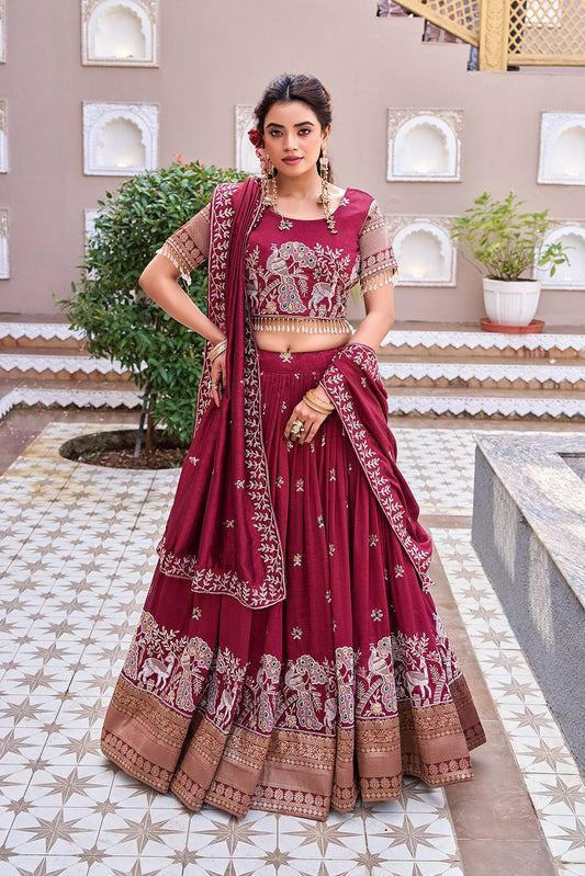 South Style Maroon Color Sequence With Thread Work Lehenga Choli