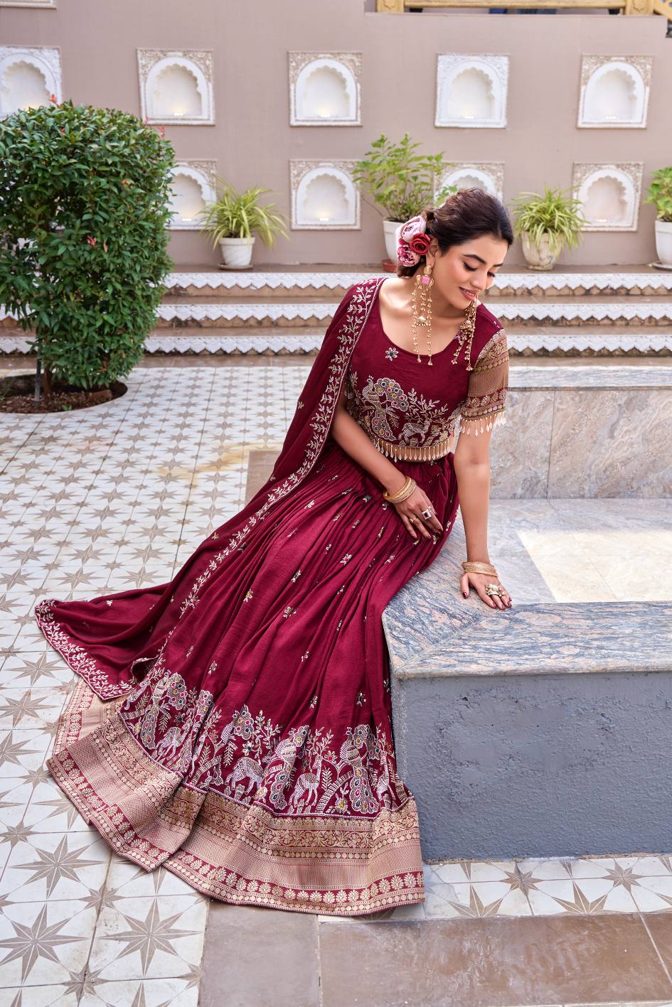 South Style Maroon Color Sequence With Thread Work Lehenga Choli