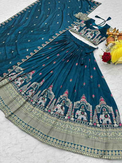 Traditional Wear Blue Color Heavy Embroidery Sequence Lehenga Set