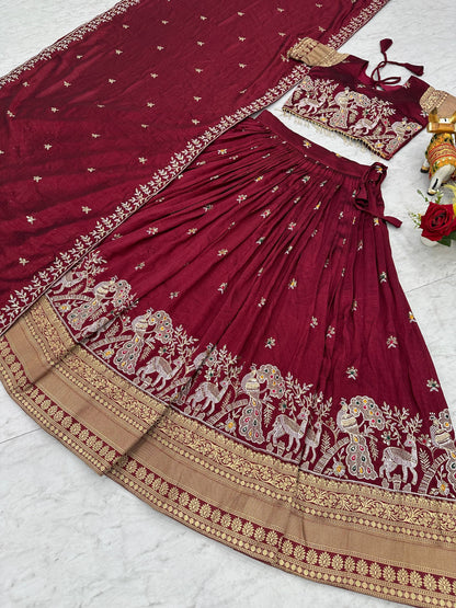 South Style Maroon Color Sequence With Thread Work Lehenga Choli