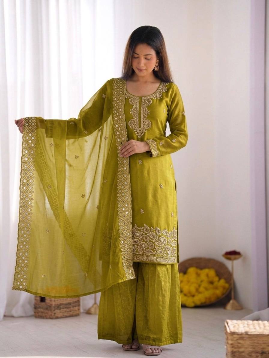 Beautiful Embroidery Beads Work Silk Green Color Palazzo Suit