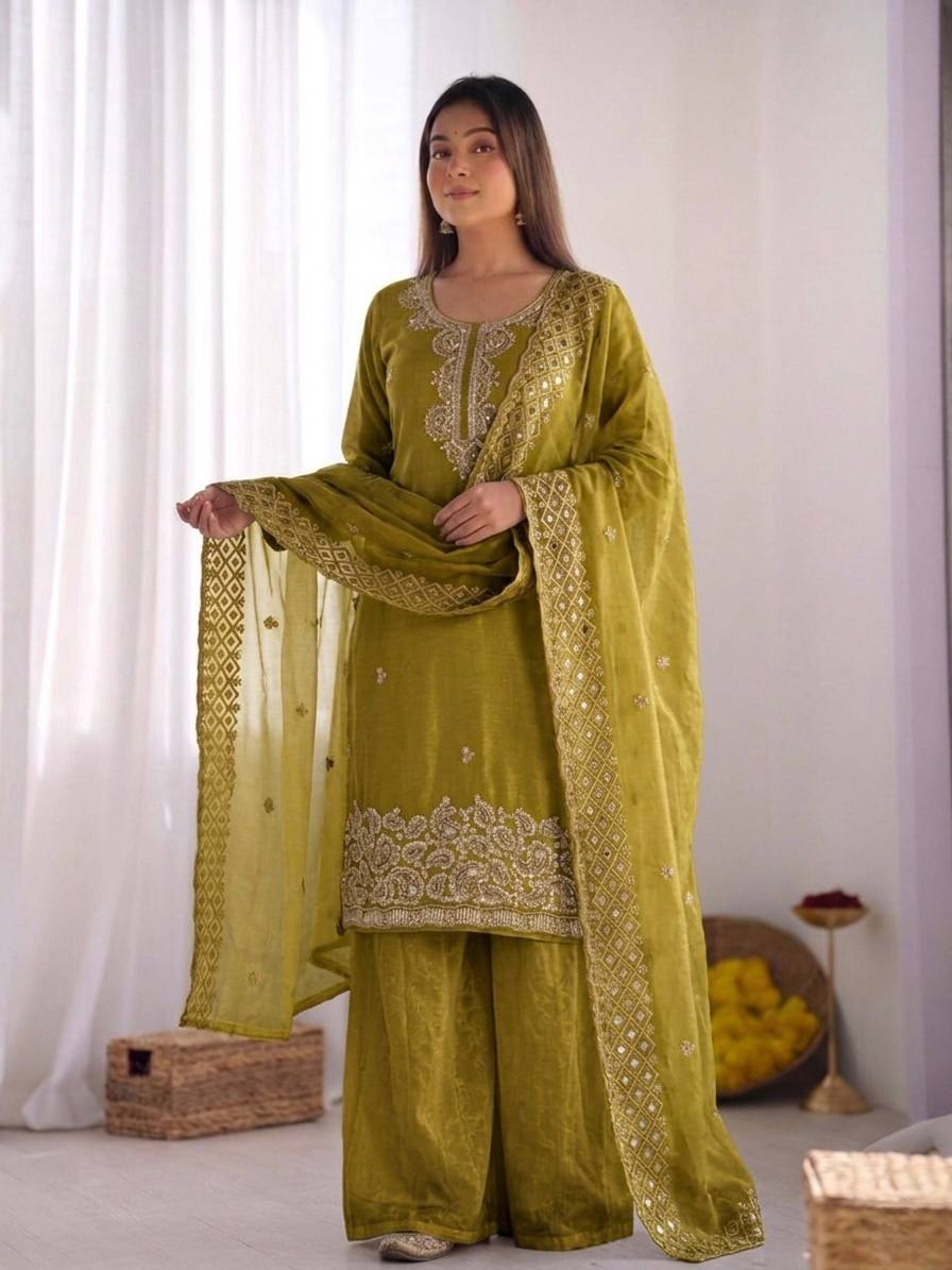 Beautiful Embroidery Beads Work Silk Green Color Palazzo Suit