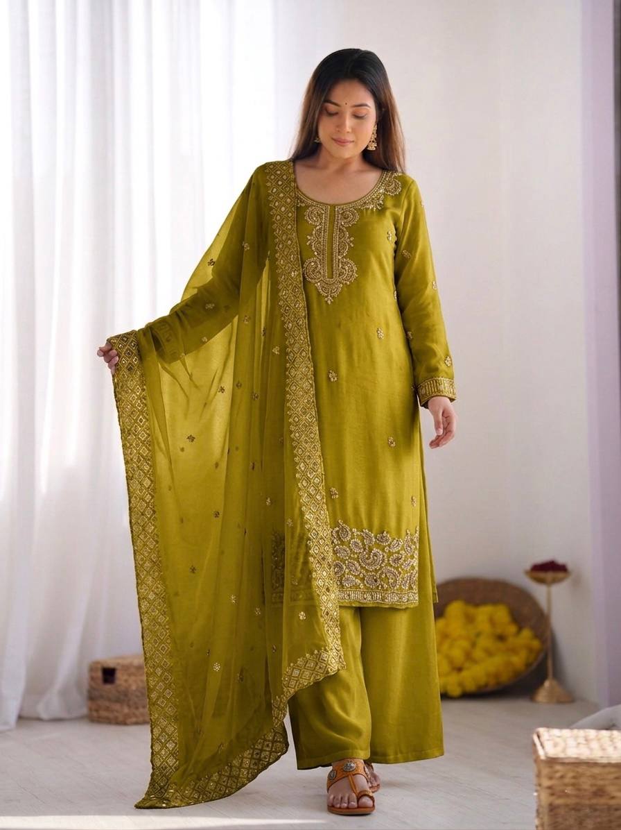 Beautiful Embroidery Beads Work Silk Green Color Palazzo Suit