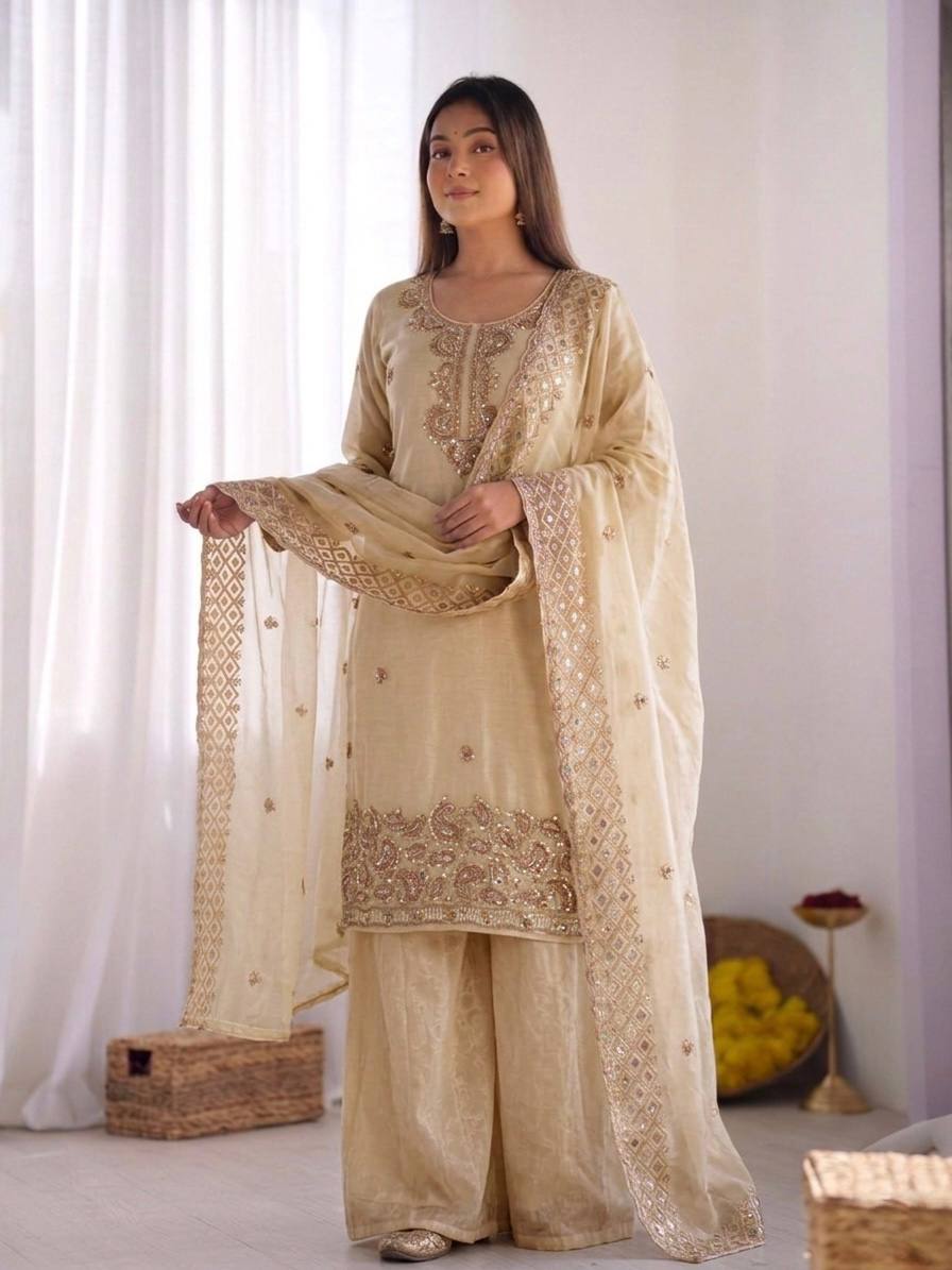 Beautiful Embroidery Beads Work Silk Cream Color Palazzo Suit