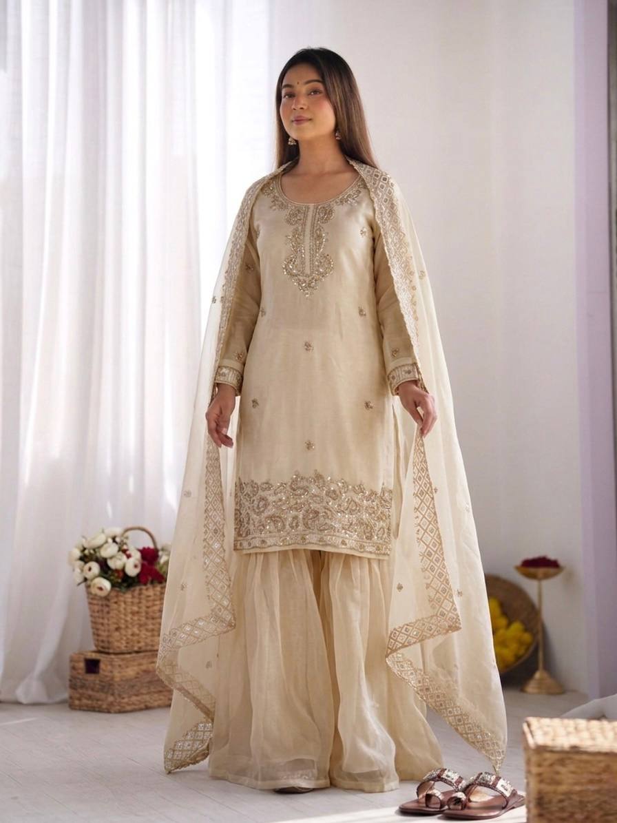 Beautiful Embroidery Beads Work Silk Cream Color Palazzo Suit