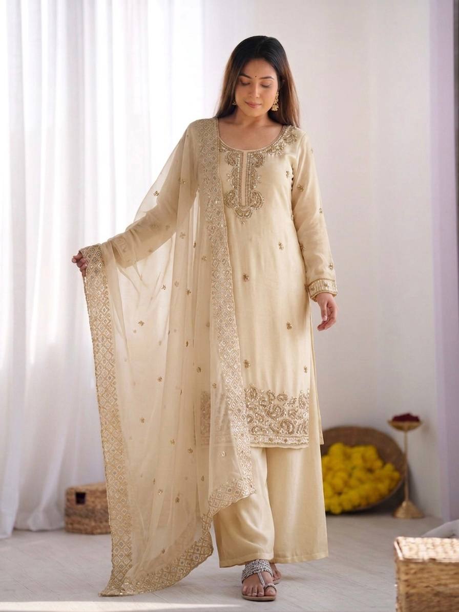 Beautiful Embroidery Beads Work Silk Cream Color Palazzo Suit