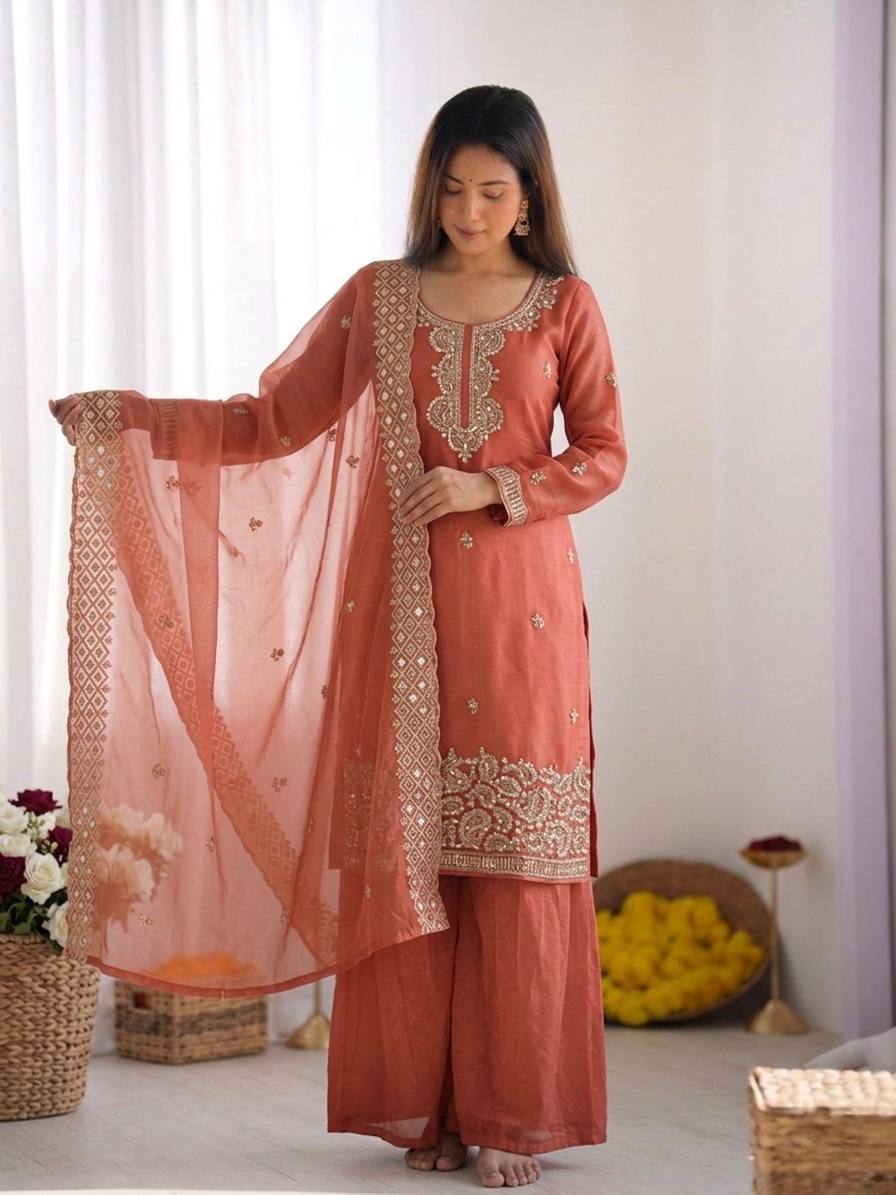 Beautiful Embroidery Beads Work Silk Orange Color Palazzo Suit