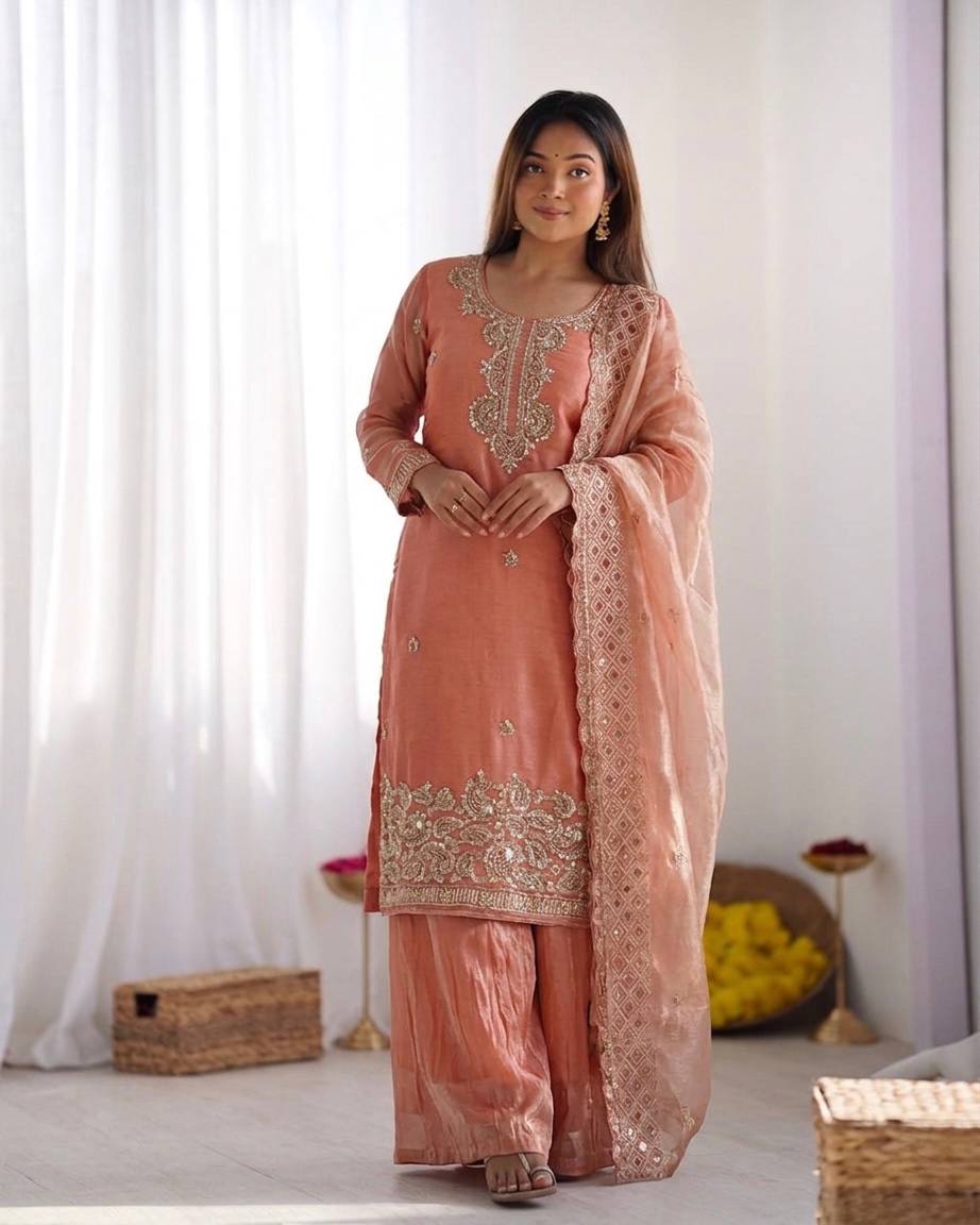 Beautiful Embroidery Beads Work Silk Orange Color Palazzo Suit