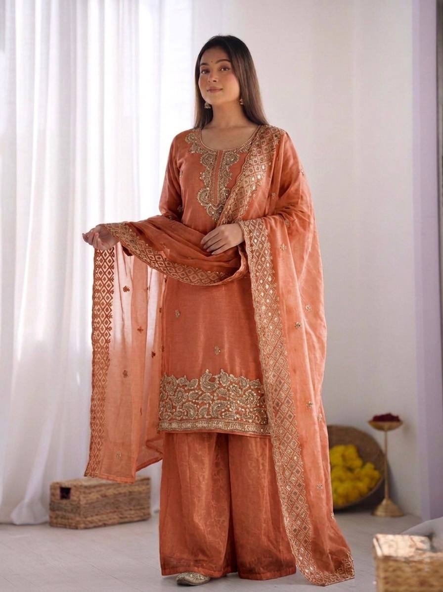 Beautiful Embroidery Beads Work Silk Orange Color Palazzo Suit