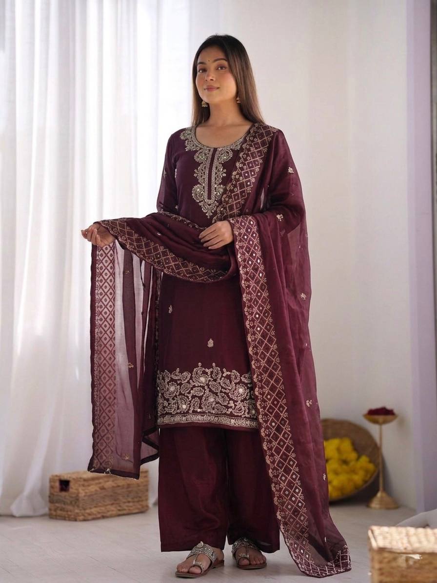 Beautiful Embroidery Beads Work Silk Wine Color Palazzo Suit