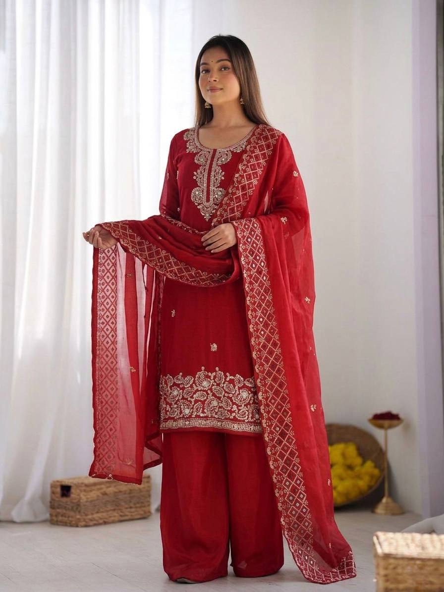 Beautiful Embroidery Beads Work Silk Red Color Arti Chauhan Palazzo Suit