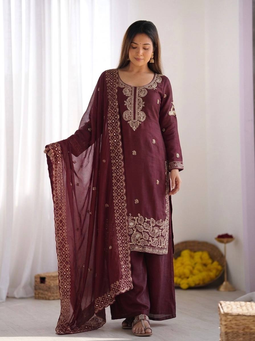 Beautiful Embroidery Beads Work Silk Wine Color Palazzo Suit