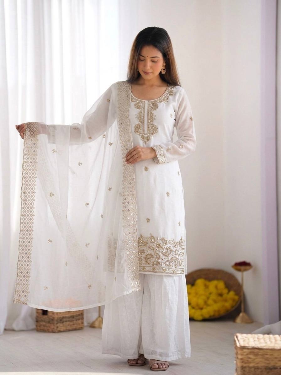 Beautiful Embroidery Beads Work Silk White Color Arti Chauhan Palazzo Suit